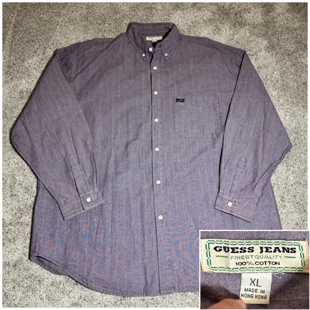VINTAGE 90s Guess Jeans Button-Down Pinstripe Purple Relaxed Fit Shirt - Mens XL